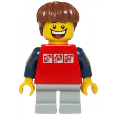 red shirt with 3 silver logos dark blue arms light bluish gray short legs reddish brown hair