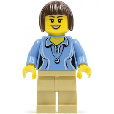 medium blue female shirt with two buttons and shell pendant tan legs dark brown bob cut hair