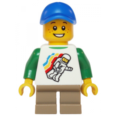 classic space minifigure floating pattern short dark tan legs blue short bill cap
