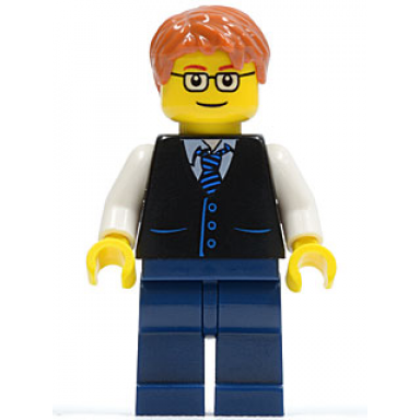 black vest with blue striped tie dark blue legs white arms dark orange short tousled hair rectangular glasses