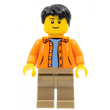 orange jacket with hood over light blue sweater dark tan legs black short tousled hair