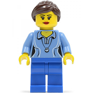 medium blue female shirt with two buttons and shell pendant blue legs dark brown ponytail and swept sideways fringe