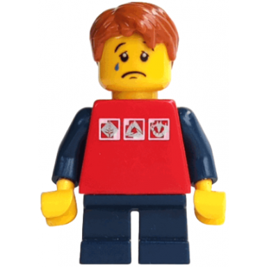 red shirt with 3 silver logos dark blue arms dark blue short legs dark orange hair