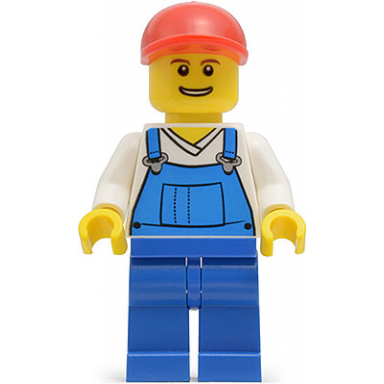overalls blue over v-neck shirt blue legs red short bill cap grin with teeth