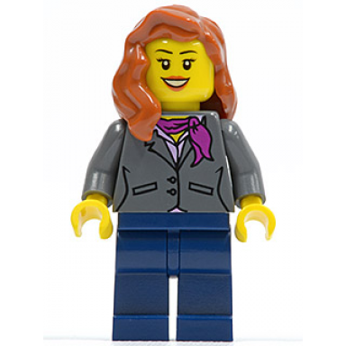 dark bluish gray jacket with magenta scarf dark blue legs dark orange female hair over shoulder