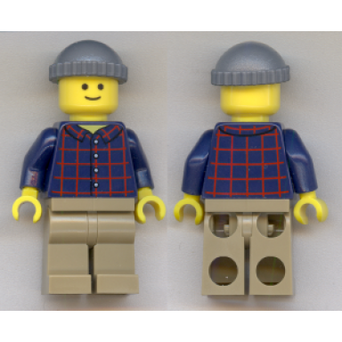 plaid button shirt with back print dark tan legs dark bluish gray knit cap standard grin pool player