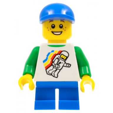 classic space minifigure floating pattern blue short legs blue short bill cap