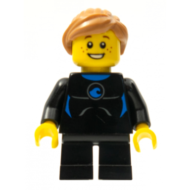 wetsuit with blue sign black short legs medium nougat ponytail and swept sideways fringe