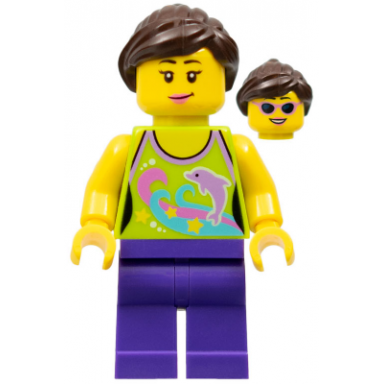 female - lime halter top with dolphin pattern dark purple legs dark brown ponytail and swept sideways fringe dark pink lips