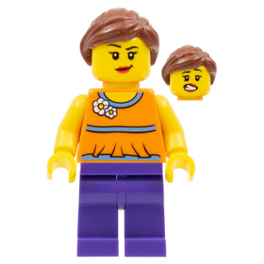 orange halter top with medium blue trim and flowers pattern dark purple legs reddish brown ponytail and swept sideways fringe