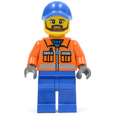 construction worker - orange zipper safety stripes orange arms blue legs blue cap with hole