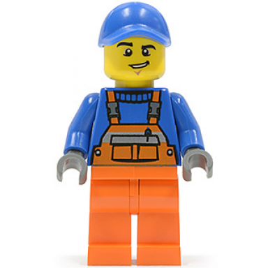 overalls with safety stripe orange orange legs blue cap with hole lopsided grin