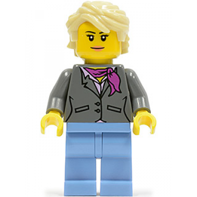 dark bluish gray jacket with magenta scarf medium blue legs tan hair grandma