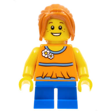 girl blue short legs dark orange hair ponytail long with side bangs