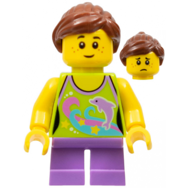 girl dolphin top short medium lavender legs reddish brown ponytail and swept sideways fringe
