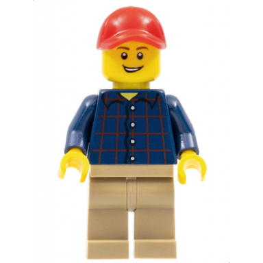 plaid button shirt dark tan legs red cap with hole lopsided grin with teeth