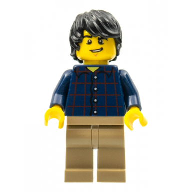 plaid button shirt dark tan legs black tousled hair lopsided grin chin dimple