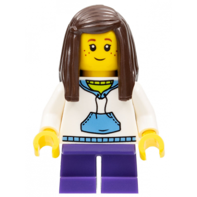 child - girl white hoodie with medium blue pocket dark purple short legs dark brown long hair freckles