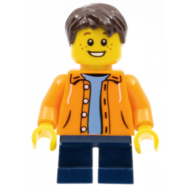 orange jacket with hood over light blue sweater dark blue short legs dark brown short tousled hair