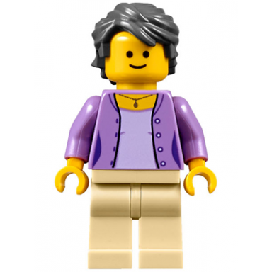 florist - female medium lavender jacket on lavender shirt tan legs dark bluish gray hair swept back tousled