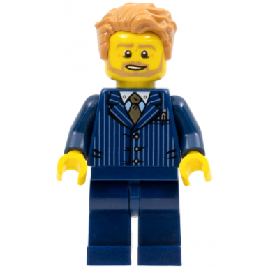 businessman - pinstripe jacket and gold tie dark blue legs medium nougat tousled hair beard
