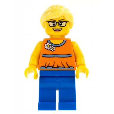 orange halter top with medium blue trim and flowers pattern blue legs bright light yellow ponytail and swept sideways fringe