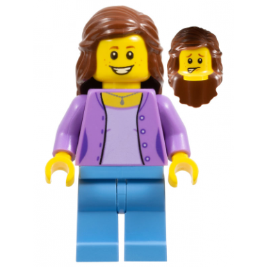 medium lavender jacket over lavender shirt medium blue legs reddish brown female hair mid-length