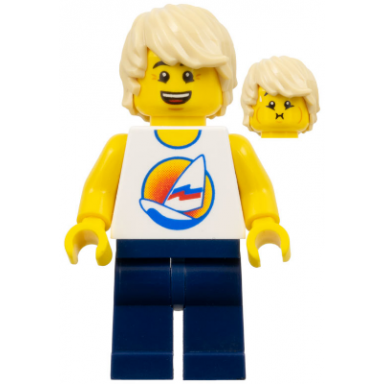 surfboard on ocean - dark blue legs tan tousled hair
