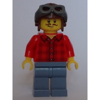red plaid flannel shirt sand blue legs aviator cap