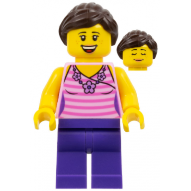 female dark pink striped top dark purple legs dark brown hair ponytail and swept sideways fringe