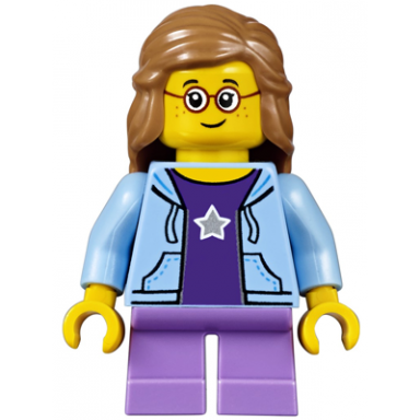 child - girl bright light blue hoodie medium lavender short legs medium nougat female hair mid-length glasses freckles