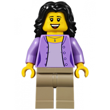 mom medium lavender jacket over lavender shirt dark tan legs black hair