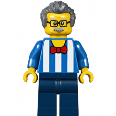 carousel ticket vendor - male blue shirt with white stripes and red bow tie dark blue legs dark bluish gray swept back hair moustache and glasses