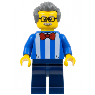 carousel ticket vendor - male blue shirt with white stripes and red bow tie printed back dark blue legs dark bluish gray swept back hair moustache and glasses