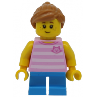 child - girl bright pink striped shirt with cat head dark azure short legs medium nougat ponytail freckles