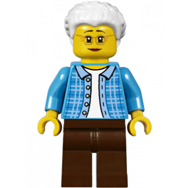 grandma dark azure plaid jacket with collar dark brown legs and white hair