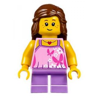 girl - bright pink top with butterflies and flowers medium lavender short legs reddish brown female hair mid-length