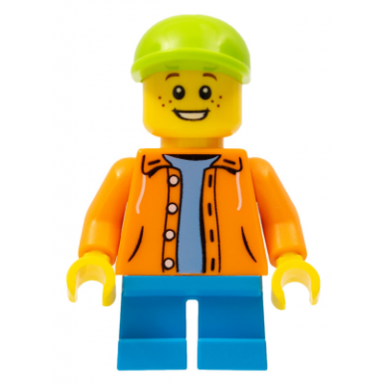 boy - orange jacket with hood over light blue sweater dark azure short legs lime cap