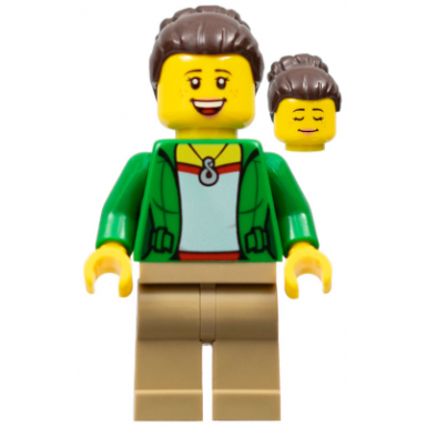 mom - green female jacket open with necklace dark tan legs dark brown hair female large high bun