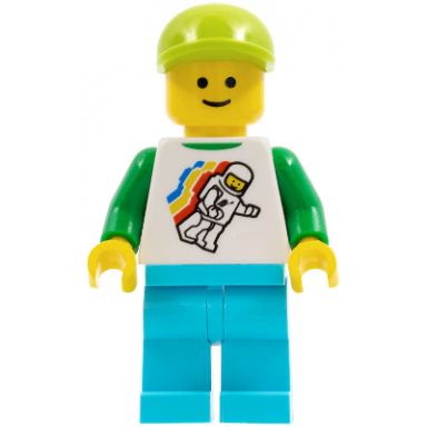 classic space minifigure floating pattern medium azure legs lime short bill cap standard grin
