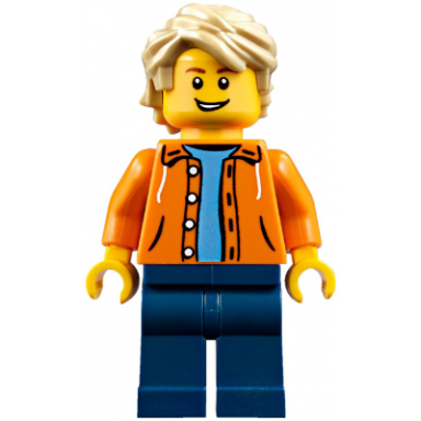 orange jacket with hood over light blue sweater dark blue legs tan tousled hair open lopsided grin