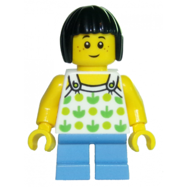 child - girl white halter top with green apples and lime spots medium blue short legs black bob cut hair freckles