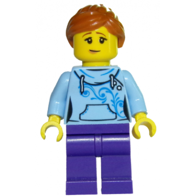 roller coaster rider - female bright light blue hoodie dark purple legs dark orange ponytail