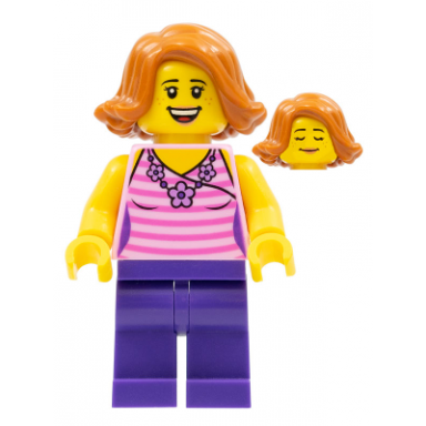 woman striped pink shirt with flower necklace dark purple legs dark orange female hair short swept sideways