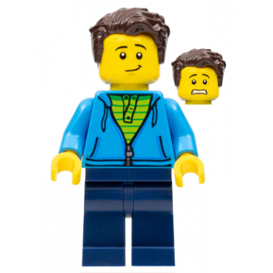 man green striped shirt under dark blue hoodie dark brown hair dark blue legs