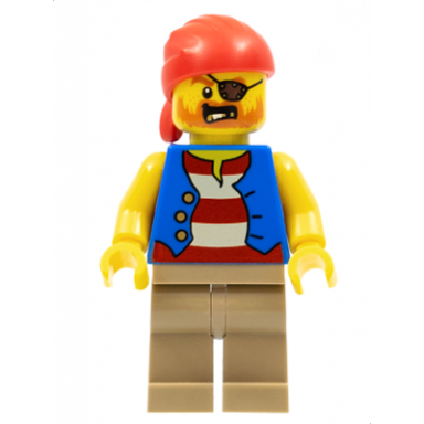 pirate man striped red and white shirt under blue vest red bandana left eye patch and 3 gold teeth dark tan legs