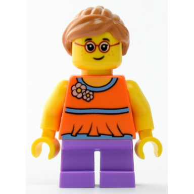 child - girl orange top medium lavender short legs medium nougat ponytail hair glasses freckles