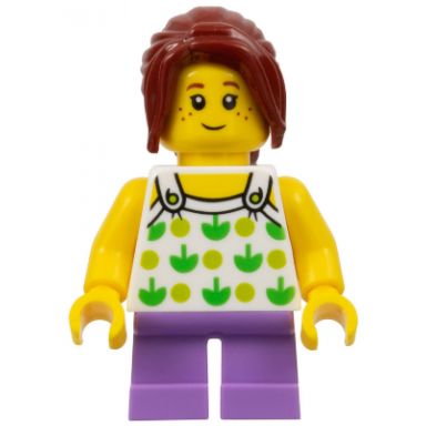 child - girl white halter top with green apples and lime spots medium lavender short legs dark red ponytail freckles