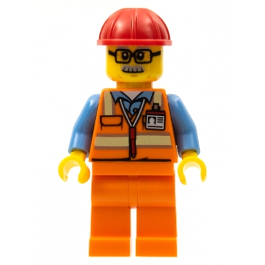 orange safety vest with reflective stripes orange legs red construction helmet glasses