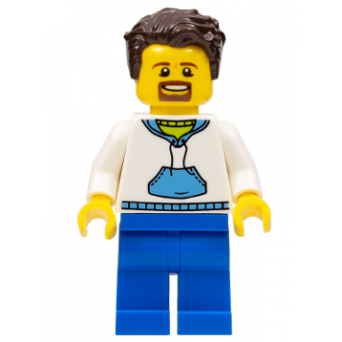 ludo blue - male white hoodie with medium blue pocket blue legs dark brown tousled hair goatee